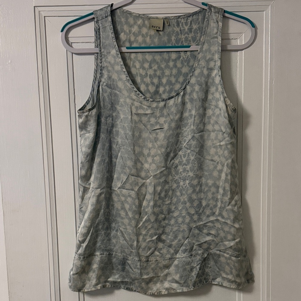 Ecru 100% Silk Patterned Scoop Neck Tank Top